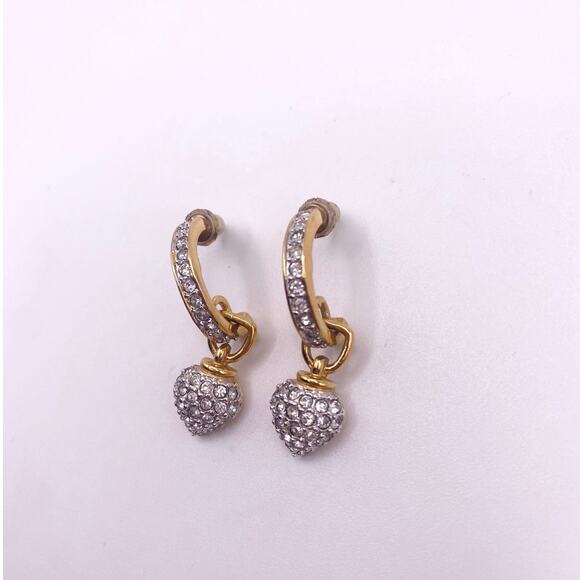 Vintage Gold Plated Two Tone Pave Rhinestones Heart Drop Half Hoop Studs - Picture 3 of 6